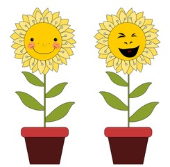 Smiling cartoon flowers in flowerpots