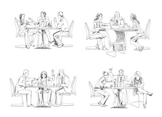 Silhouettes of successful business people working on meeting. Sketch