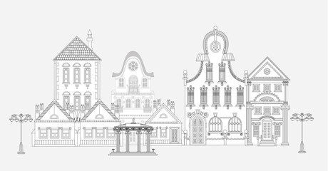 Doodle of beautiful city with very detailed and ornate town houses, trees and lanterns. City background