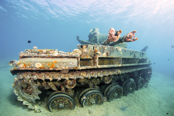 Sunken wreck of a tank in Aqaba, Red Sea, Jordan.