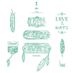 Green set of hand drawn feathers, words and phrases on signboards, decorative design elements and embellishments, white background