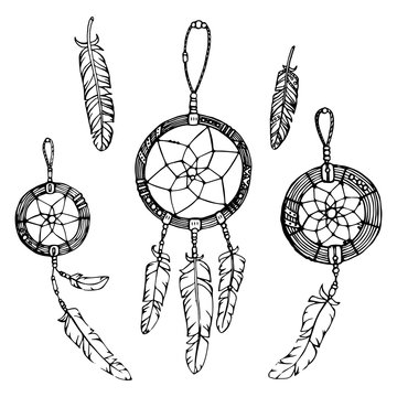 Black dreamcatcher and feather boho ethnic illustration