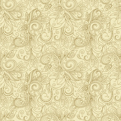 Creative hand-drawn seamless pattern of stylized flora in pastel and light beige color. Vector illustration.