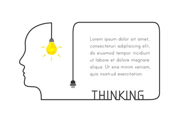 Creative text box as thinking concept. Human head profile, lightbulb and wire as text frame.