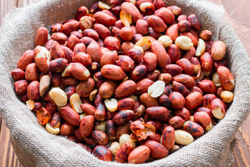 roasted peanuts in a sack close up