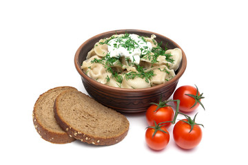 dumplings with sour cream and dill in a bowl on a white backgrou