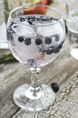 Glasses of water with ice, rosemary, mint, pomegranate and blueberry