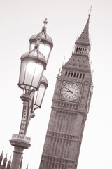 Fototapeta na wymiar Big Ben and Lamppost, London in Black and White Sepia Tone