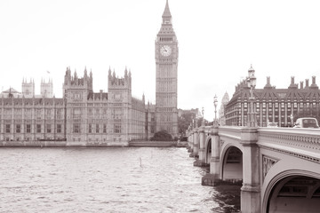 Houses of Parliament and Big Ben in Black and White Sepia Tone in London, England, UK