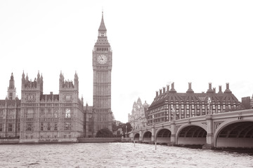 Fototapeta na wymiar Big Ben and the Houses of Parliament, London, England, UK in Black and White Sepia Tone