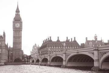 Westminster Bridge, Big Ben; London; England; UK in Black and White Sepia Tone