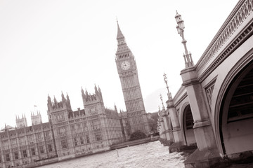 Westminster Bridge, Big Ben and the Houses of Parliament; London on Tilted Angle in Black and White Sepia Tone