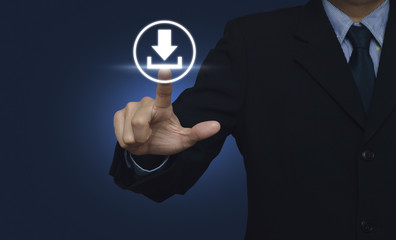 Businessman hand pushing button web download icon over blue back