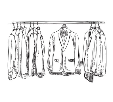 Hand Drawn Wardrobe Sketch. Mans Dresscode Suit.