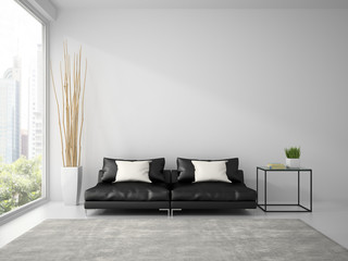 Part of  interior with black sofa and white pillows 3D rendering