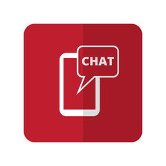 White Chat flat icon on red rounded square on white