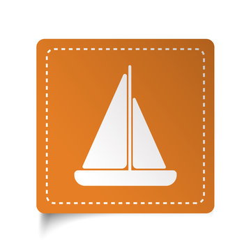 White flat Sailboat icon on orange sticker