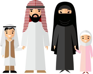 Traditional muslim family with children and maturity.  Set of vector  illustration arab  family in national clothes.
