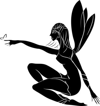 black fairy reaching butterfly silhouette clip art preview