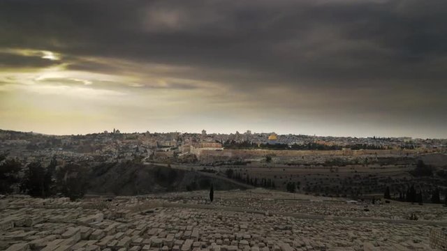 Jerusalem time-lapse from the Mount of Olives overlooking the cemetery towards the Dome of the Rock