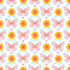 Seamless pattern butterflies, daisies and hearts 70s style retro daisy flowers