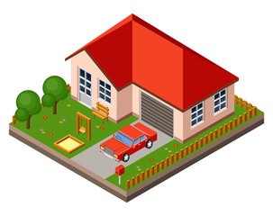 Isolated isomatic cottage. Country life. Garage. Green grass. Lawn. Swing. Vector illustration