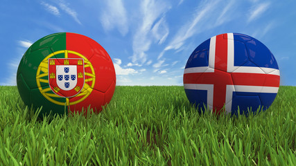 3D soccer balls with Portugal and Iceland flag, Euro 2016. Placed on 3d grass. Background isolated with clipping path.