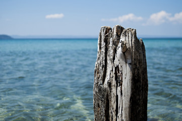 Old wood post with sea background
