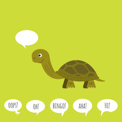 Vector illustration of turtle with speech bubble. Flat style.