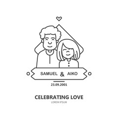 Celebrating love. Linear template with interethnic couple and simple data in linear flat style. 