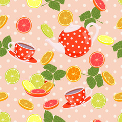 Repeating pattern with a kettle, cups, slices of citrus and leaves.