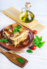 Italian lasagna, pasta dish with minced meat and parmesan cheese
