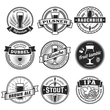 Craft beer labels. Traditional german, belgian and british beer styles. Weissbier, pilsner, rauchbier, dubbel, blanche, fruit lambic, brown ale, stout and IPA. Vintage craft beer emblems.