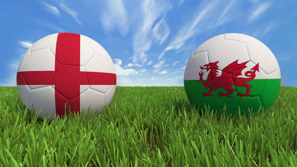 "
 3D soccer balls with England and Wales flag, Euro 2016. Placed on 3d grass. Background isolated with clipping path."