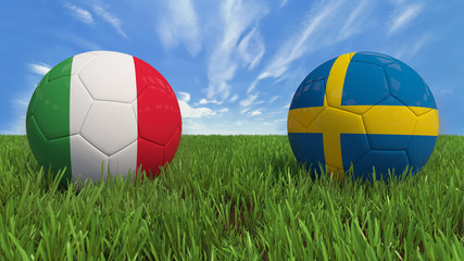 "
 3D soccer balls with Italy and Sweden flag, Euro 2016. Placed on 3d grass. Background isolated with clipping path."