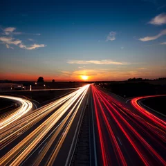 Foto op Plexiglas Snelheid Verkeer lange blootstelling op snelweg snelweg bij zonsondergang © Taiga