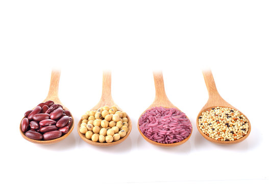 mung beans ,soybean ,purple rice and millet on white background