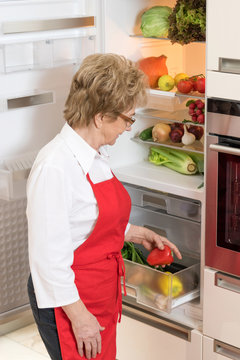 Hausfrau holt Zutaten zum kochen aus dem Kühlschrank