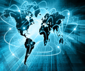 World map on a technological background, glowing lines symbols of the Internet, radio, television, mobile and satellite communications.