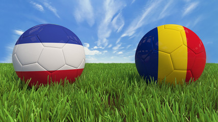 "
 3D soccer balls with France and Romania flag, Euro 2016. Placed on 3d grass. Background isolated with clipping path."