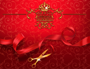 Red grand opening invitation card with scissors and red ribbon