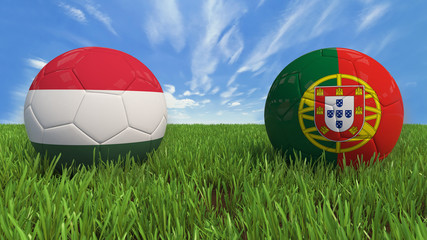 "
 3D soccer balls with Hungary and Portugal flag, Euro 2016. Placed on 3d grass. Background isolated with clipping path."