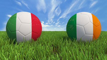 "
 3D soccer balls with Italy and Republic of Ireland flag, Euro 2016. Placed on 3d grass. Background isolated with clipping path."