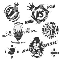 Set of vintage rap emblems, labels and design elements. Monochrome style. 
