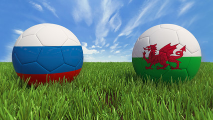 "
 3D soccer balls with Russia and Wales flag, Euro 2016. Placed on 3d grass. Background isolated with clipping path."