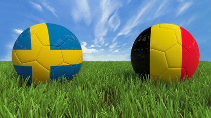 "
 3D soccer balls with Sweden and Belgium flag, Euro 2016. Placed on 3d grass. Background isolated with clipping path."
