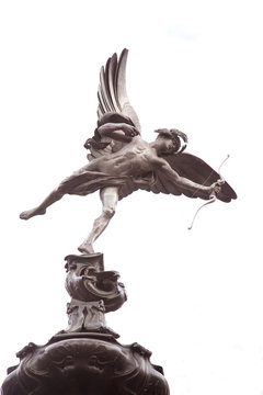 Statue of Eros in Piccadilly Circus by Gilbert (1893), London, UK in Black and White Sepia Tone