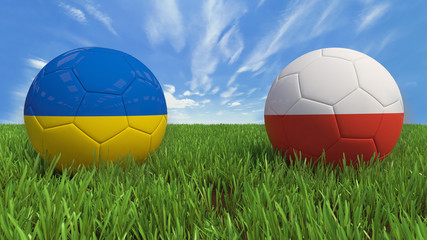 "
 3D soccer balls with Ukraine and Poland flag, Euro 2016. Placed on 3d grass. Background isolated with clipping path."