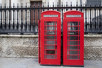 Two Traditional Red Telephone Boxes; London; England; UK