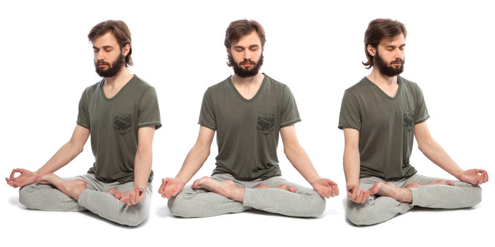 Horizontal assembly of the three photos of a young man doing yog